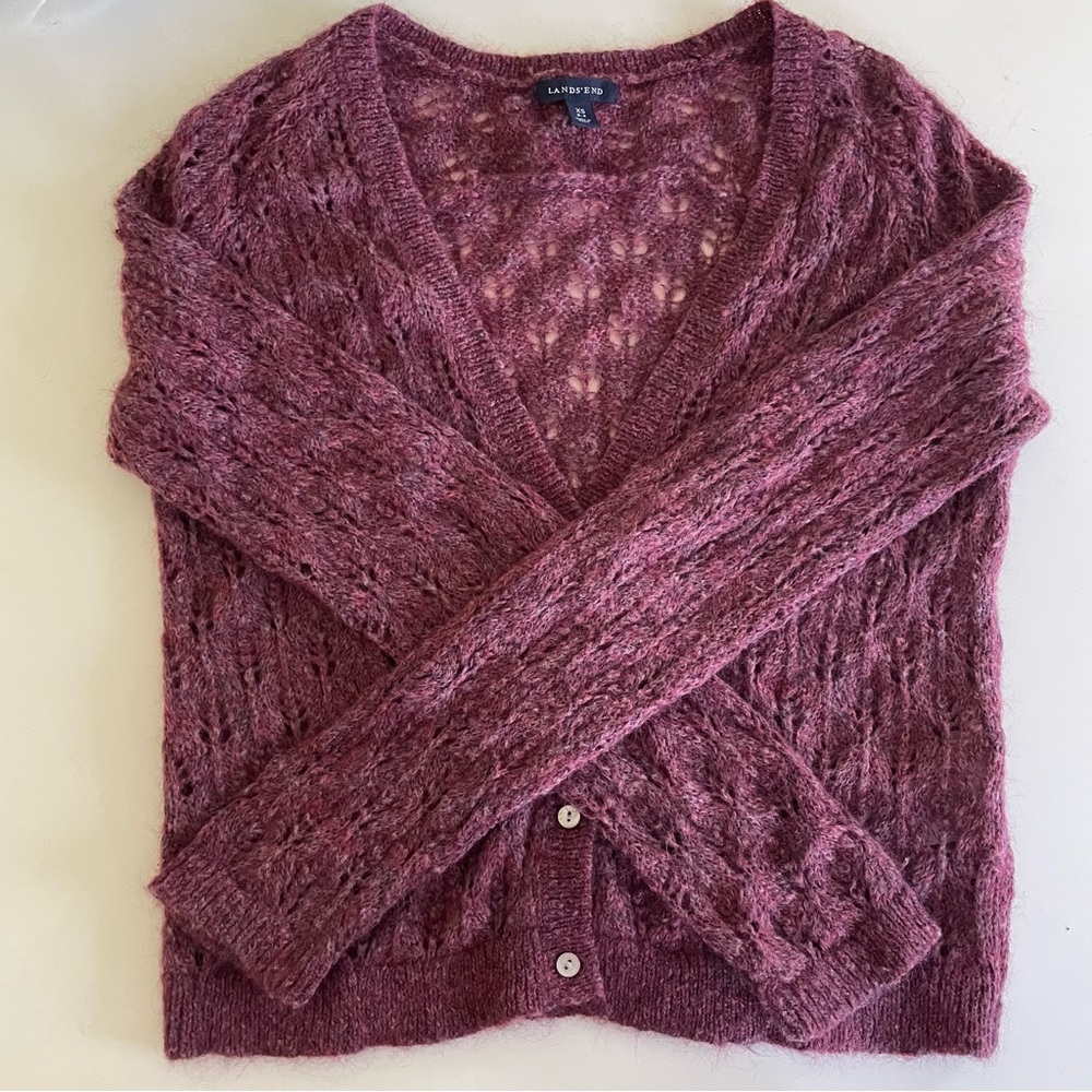 Lands End Mohair Wool Lace Knit Cardigan in deep mauve